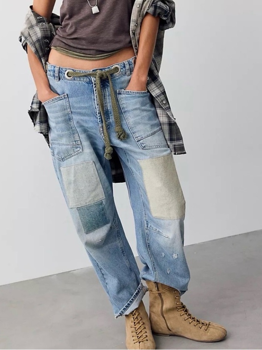 We The Free Moxie Barrel Jeans SZ 6/28 Denim Patchwork Cargo Drawstring Waist